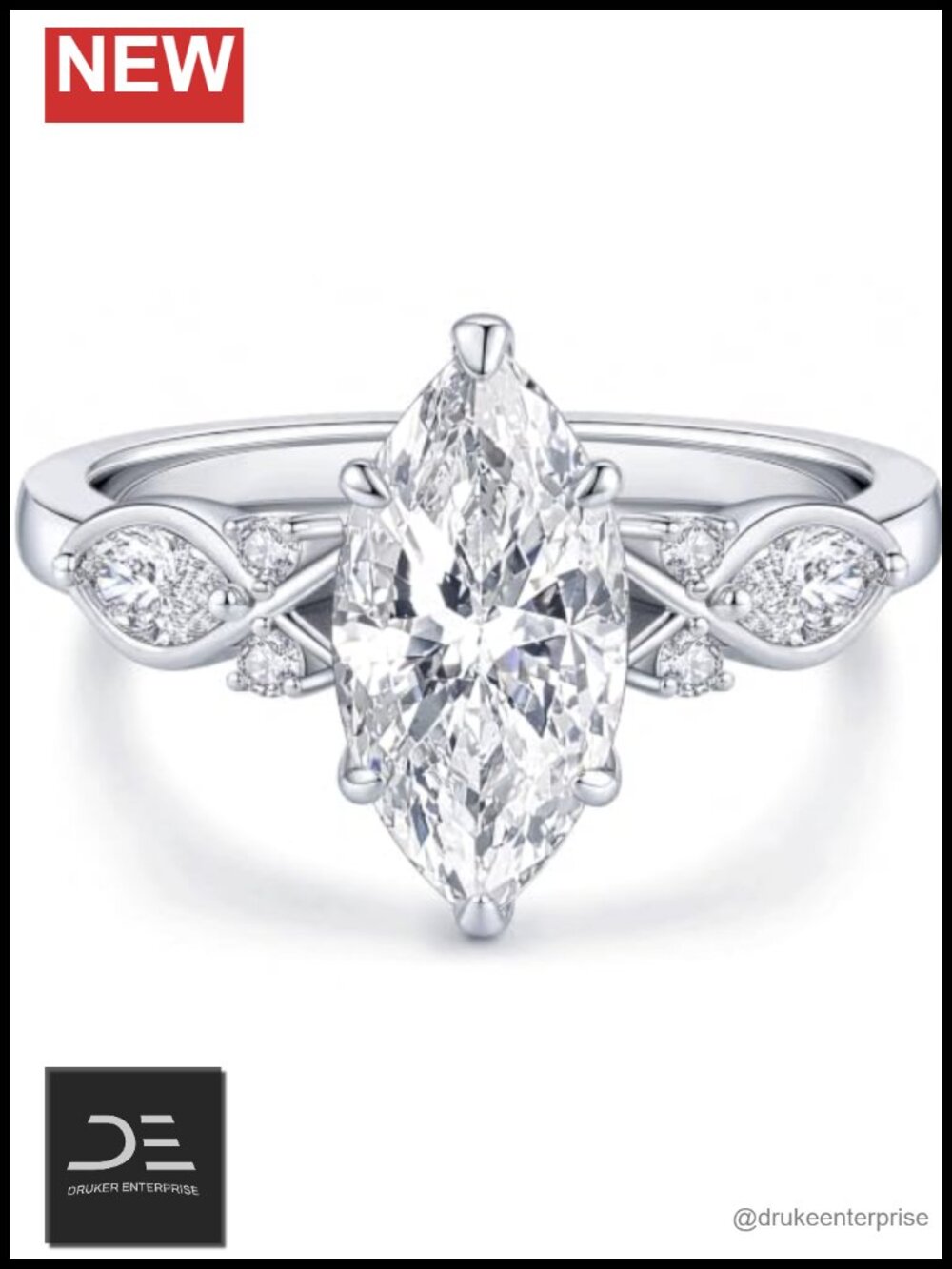 Moissanite Engagement Ring for Women Sz 6 925 Sterling Silver Prong Set Marquise